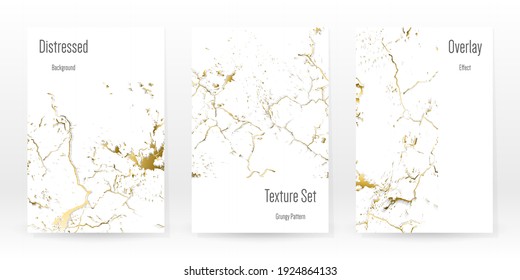 Elegant Gold Texture Set. Marble Business Card. Distress Grunge Stone. Gold White Cracked Wall Texture. Golden luxury Broken Style. Marbling Background. Glitch Noise Rough Design. Vector Illustration.