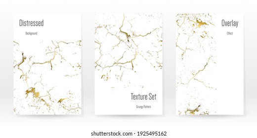 Elegant Gold Texture Set. Marble Business Card. Distress Grunge Stone. Gold White Cracked Wall Texture. Golden luxury Broken Style. Marbling Background. Glitch Noise Rough Design. Vector Illustration.