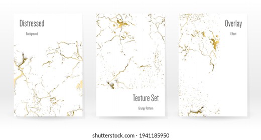 Elegant Gold Texture Set. Marble Business Card. Distress Grunge Stone. Gold White Cracked Wall Texture. Golden luxury Broken Style. Marbling Background. Glitch Noise Rough Design. Vector Illustration.