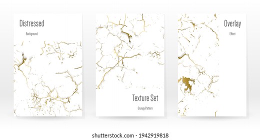 Elegant Gold Texture Set. Marble Business Card. Distress Grunge Stone. Gold White Cracked Wall Texture. Golden luxury Broken Style. Marbling Background. Glitch Noise Rough Design. Vector Illustration.