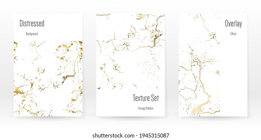 Elegant Gold Texture Set. Marble Business Card. Distress Grunge Stone. Gold White Cracked Wall Texture. Golden luxury Broken Style. Marbling Background. Glitch Noise Rough Design. Vector Illustration.