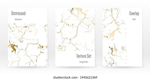 Elegant Gold Texture Set. Marble Business Card. Distress Grunge Stone. Gold White Cracked Wall Texture. Golden luxury Broken Style. Marbling Background. Glitch Noise Rough Design. Vector Illustration.