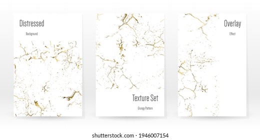 Elegant Gold Texture Set. Marble Business Card. Distress Grunge Stone. Gold White Cracked Wall Texture. Golden luxury Broken Style. Marbling Background. Glitch Noise Rough Design. Vector Illustration.