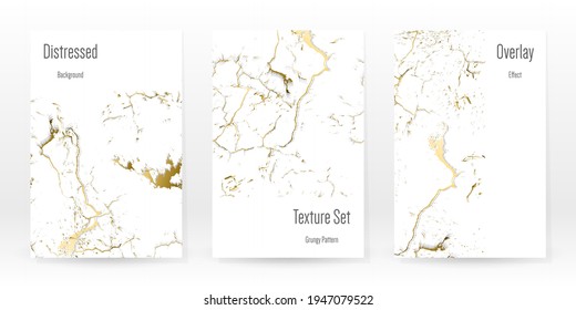Elegant Gold Texture Set. Marble Business Card. Distress Grunge Stone. Gold White Cracked Wall Texture. Golden luxury Broken Style. Marbling Background. Glitch Noise Rough Design. Vector Illustration.