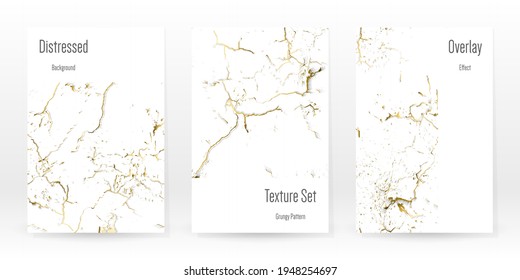 Elegant Gold Texture Set. Marble Business Card. Distress Grunge Stone. Gold White Cracked Wall Texture. Golden luxury Broken Style. Marbling Background. Glitch Noise Rough Design. Vector Illustration.