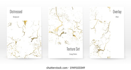 Elegant Gold Texture Set. Marble Business Card. Distress Grunge Stone. Gold White Cracked Wall Texture. Golden luxury Broken Style. Marbling Background. Glitch Noise Rough Design. Vector Illustration.