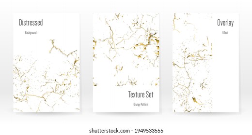 Elegant Gold Texture Set. Marble Business Card. Distress Grunge Stone. Gold White Cracked Wall Texture. Golden Luxury Broken Style. Marbling Background. Glitch Noise Rough Design. Vector Illustration.