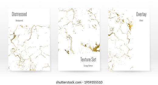 Elegant Gold Texture Set. Marble Business Card. Distress Grunge Stone. Gold White Cracked Wall Texture. Golden luxury Broken Style. Marbling Background. Glitch Noise Rough Design. Vector Illustration.