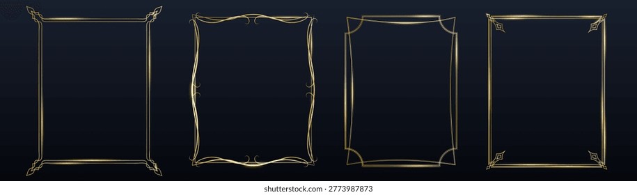 Elegant gold thin line frames realistic vector isolated on black background. Luxury golden border, art deco design, premium labels, vintage decorations, or modern ornamental elements