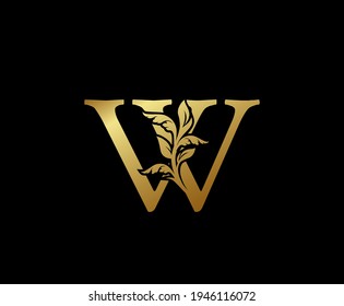 Elegant Gold W Letter Floral logo. Vintage classic ornate letter vector.