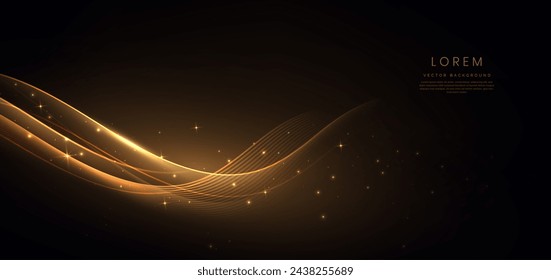 Elegantes líneas de onda doradas sobre fondo negro con efecto de iluminación bokeh y espacio de copia para texto. Diseño de lujo. Ilustración de vector