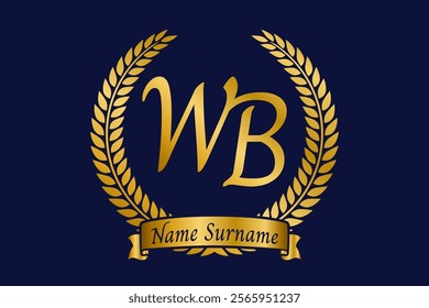 Elegant gold WB monogram encircled by laurel wreath, featuring a customizable name banner.  Perfect for branding, invitations, and luxury designs.  Adds sophistication and prestige to any project.