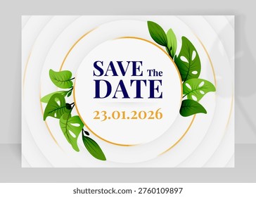 Elegant gold wedding invitation save the date card with floral ornament luxury premium design for romantic event announcement