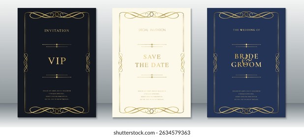 Elegant Gold Wedding Invitation Set with Swirl Border on Navy, Cream, and Midnight Backgrounds
