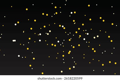 Elegant gold and white dots vector scattered on black background. Perfect for festive invitations, luxury packaging, and celebration designs. Sparkling confetti-like pattern.