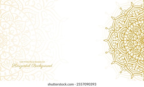 Elegant Gold and White Floral Hand Drawn Style Mandala Art Horizontal Background Design with Intricate Patterns