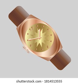 Elegant, gold, women's, wrist watch with a leather belt made of brown genuine leather. With a gold dial in the shape of a star