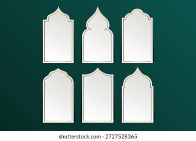 Elegantes marcos de arco de mezquita blancos bordeados de oro sobre un fondo verde para tarjetas de felicitación y diseños islámicos.