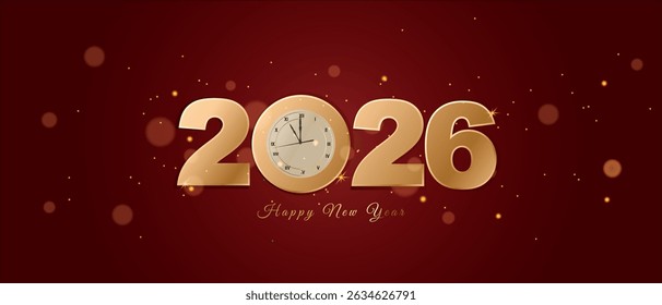Elegant golden 2026 Happy New Year text with a clock showing midnight on a rich red background. Festive bokeh lights add warmth, perfect for holiday greetings, invitations, banners. Vector