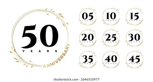 Elegant Golden Anniversary Logos 5, 10, 15, 20, 25, 30, 35, 40, 45, 50 Years