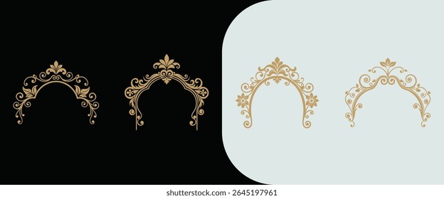Elegant Golden Arch Ornaments with Floral and Swirling Details Against Contrasting Backgrounds, Evoking Sophistication and Refinement