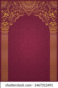 Elegant golden arch and pillar on burgundy red background