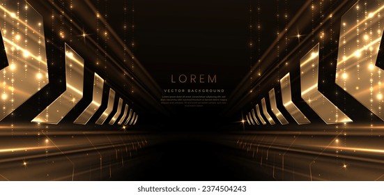 Elegant golden arrow diagonal glowing with lighting effect sparkle on black background. Template premium award design. Vector illustration