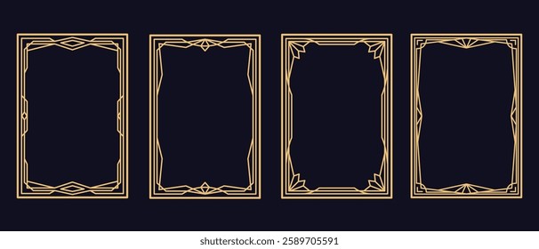 Elegant golden art deco classic antique design, fancy golden lines border frame on dark background. Luxury wedding invitation card, certificate, cover, poster. Geometric Premium design vector. 