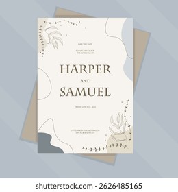 Elegant Golden Beige Blue Gray Waves Floral  Outline Lines Wedding Invitation Card Printable Paper Sheet Or Document Mockup Vector Design