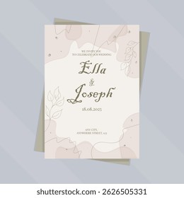 Elegant Golden Beige Watercolor Floral Hand Drawn Outline Lines Wedding Invitation Card Printable Paper Sheet Or Document Mockup Vector Design