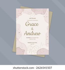 Elegant Golden Beige Watercolor Waves Floral Branches Dots Wedding Invitation Card Printable Paper Sheet Or Document Mockup Vector Design