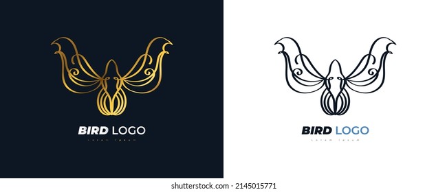 Elegant Golden Bird Logo Illustration with Hand Drawn Style. Bird Logo with Line Concept