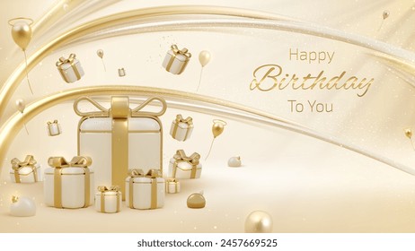 Elegant Golden Birthday Celebration with Gifts and Balloons, Luxury Background.