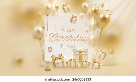 Elegant Golden Birthday Celebration with Gifts and Balloons, Luxury Background.