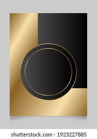 Elegant golden and black shiny glowing geometric frame. Gold metal luxury blank round border. Vector background illustration template.