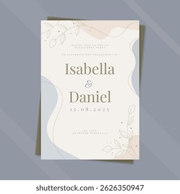 Elegant Golden Blue Gray Beige Waves Hand Painted Floral Engagement Wedding Invitation Post Card Printable Paper Sheet Or Document On Mockup Vector Design