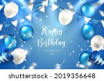 Elegant golden blue silver white balloon and cloth Bunting party popper ribbon Happy Birthday celebration card banner template