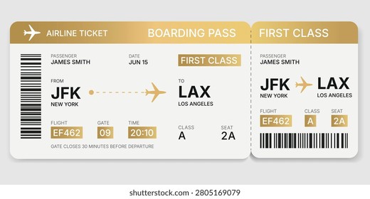 Elegant Golden Boarding Pass Vector. Travel Airline Ticket with Barcode