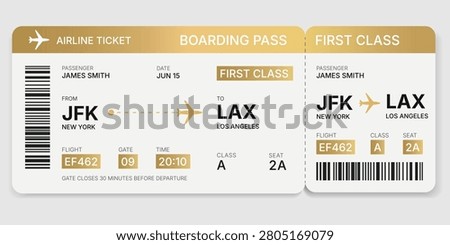 Elegant Golden Boarding Pass Vector. Travel Airline Ticket with Barcode
