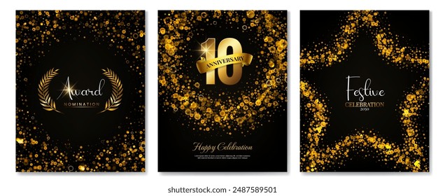 Elegante conjunto de Plantilla de celebración bokeh dorado. Invitación de lujo de papel negro para ceremonias de premios, aniversarios y eventos festivos