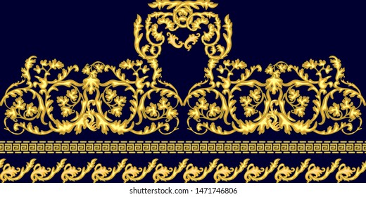 Elegant golden border with baroque motifs. Template for cards, textile design and other decorations. On black background.