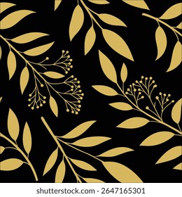 Elegante patrón botánico dorado sobre fondo negro con hojas estilizadas y ramas florales. Perfecto para lujosos Fondos de pantalla, telas o papelería. Diseño de Vector sin costuras.