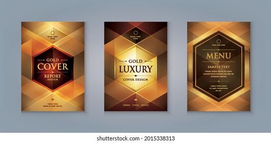 Elegant golden brochure cover design template, Luxury Business invitation Card template Design. Abstract Gold Geometric Triangle Background vector, leaflet, Poster, cover menu, banner