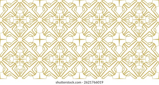 Elegant golden brown vector hand drawn seamless pattern with decorative whimsical rhombus motif. Ethnic light yellow oriental ornament for Arabic textile design, wrapping paper, traditional surface