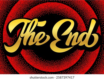 Elegant golden calligraphy of The End set against a vibrant red dotted background creating a striking and memorable visual effect.