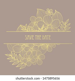 Elegant golden card with decorative flowers, design elements. Can be used for wedding, baby shower, mothers day, valentine day, birthday, rsvp cards, invitations, greetings. Golden template background