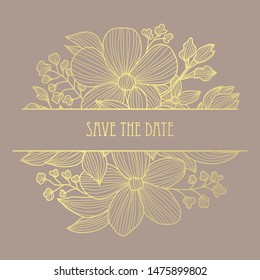 Elegant golden card with decorative flowers, design elements. Can be used for wedding, baby shower, mothers day, valentine day, birthday, rsvp cards, invitations, greetings. Golden template background