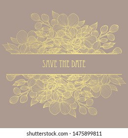 Elegant golden card with decorative flowers, design elements. Can be used for wedding, baby shower, mothers day, valentine day, birthday, rsvp cards, invitations, greetings. Golden template background