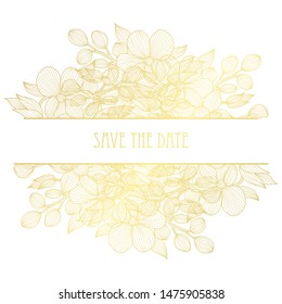 Elegant golden card with decorative flowers, design elements. Can be used for wedding, baby shower, mothers day, valentine day, birthday, rsvp cards, invitations, greetings. Golden template background