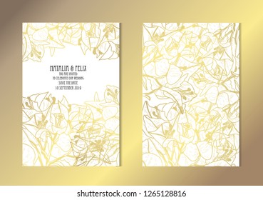 Elegant golden cards with bougainvillea, design elements. Can be used for wedding, baby shower, mothers day, valentines day, birthday, rsvp cards, invitations, greetings. Golden template background